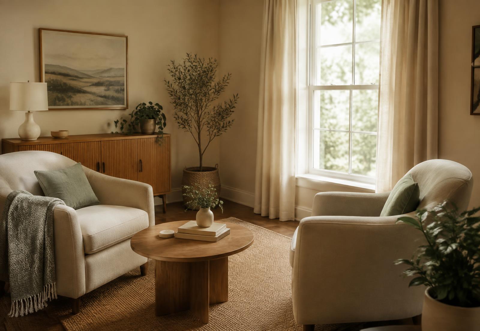 A calm, softly lit counselling room with two armchairs and plants